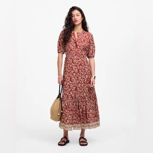 Madewell Pintucked Puff-Sleeve Midi Dress in Red Floral Fall Dress Size 00 NWT